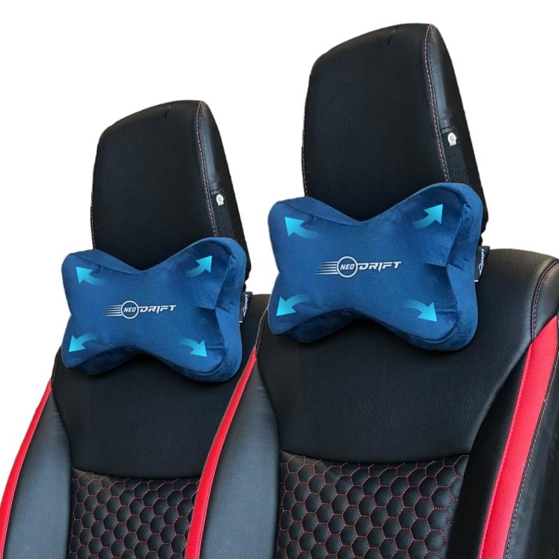 Image of Neodrift 'NeckBone' - Neck Rest Cushion Orthopedic Velvet Memory Foam Pillow for Neck, Head, Shoulder Support - Pain Relief for Car, Set of 2 (Colour-Blue)