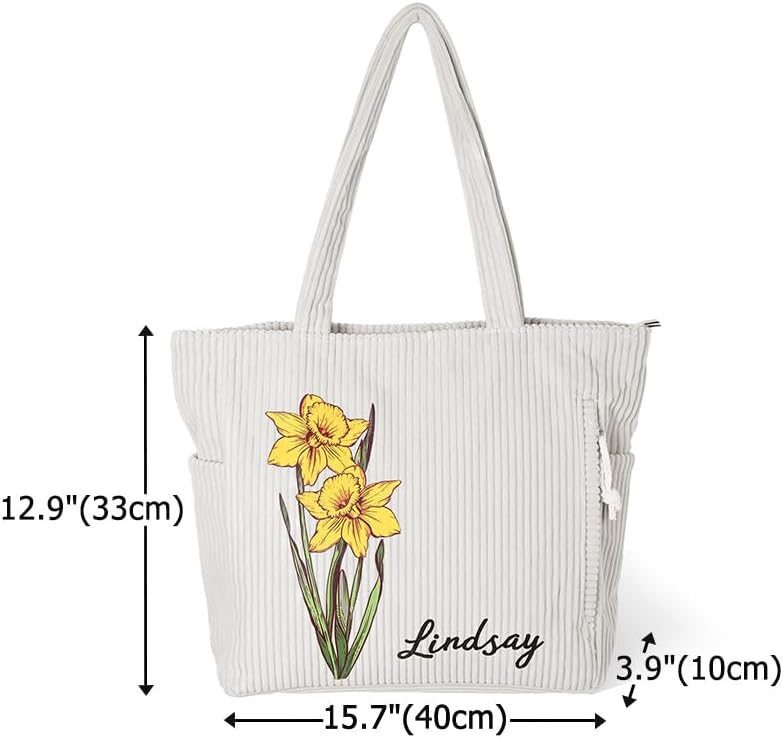 CALLIE Personalized Birth Flower Corduroy Tote Bag for Women, Custom Large Shoulder Handbags with Zipper Name, Travel College Work Accessory, Mother's Day Graduation Nurse Week Birthday Gift for Women - Image 7