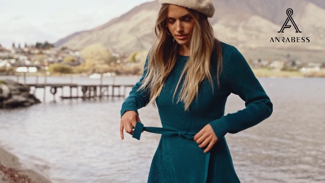 ANRABESS Women's Long Sleeve Midi Dress Crewneck Tie Waist A