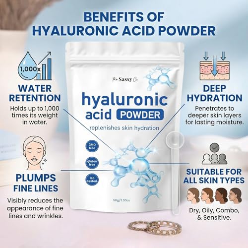 Image of Pure Hyaluronic Acid Powder for Face | 100% Sodium Hyaluronate | DIY Serum Booster for Deep Hydration & Plumping | Anti-Aging, Fine Lines | Vegan, Fragrance-Free | All Skin Types