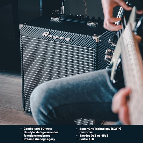 AMPEG RB-110 Ampli Basse Combo – Ampli d'entraînement 50W avec préampli AMPEG Legacy, SGT Overdrive, égaliseur 3 bandes, entrée AUX, sortie casque, sortie XLR et haut-parleur 1x10" – Noir – vue 6