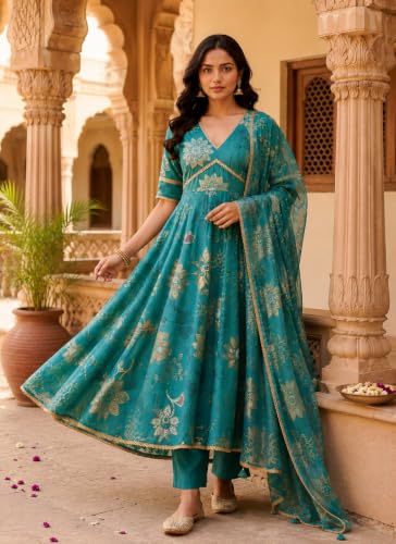 Image of KD Women's Cotton Printed Kurta Set with Pants & Dupatta | Elegant Ethnic Wear for Women | Floral Print |