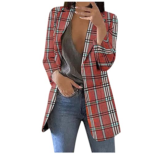Women Vintage Long Sleeve Plaid Blazer Jacket Open Front Cardigan Lapel Button Boyfriend Suit Coat Shacket Jacket