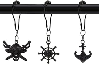 Nautical Shower Curtain Hooks for Bathroom Decorative, Rust Proof Stainless Steel Black Curtain Rings, Set of 12 Shower Hook With Rudder Anchor Pirate Captain Skull Tropical Ocean Shower Decor (Black)