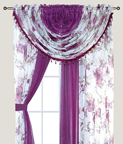 Sapphire Home Sheer Curtains - Two Tone 4 Panels Set w/Valance & Tiebacks, 55"x63", Lightweight Light-Filtering Window Curtain for Living Room, Bedroom, Kitchen, Dining Room - Purple Blossom/Purple