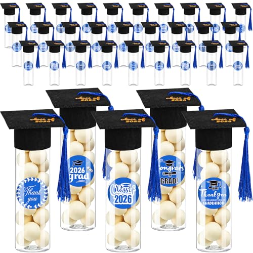 Image of FlorWave 30 Sets 2026 Graduation Candy Tubes Graduation Party Candy Boxes Containers Grad Cap Jars with Tassels Stickers Clear Plastic Party Favors for Graduations Decorations(Blue)