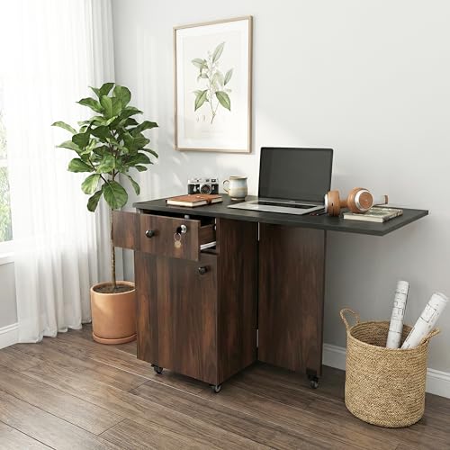 Image of Klaxon Foldable Study Table with Drawer & Storage Shelf | Compact Desk for Home & Students | Folding Design with Lockable Wheels. (Black, DIY Installation) (Aw & Black, Kora)