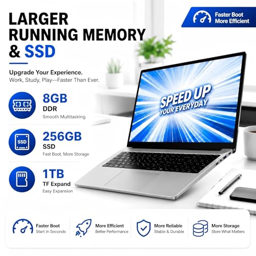 Image of 15.6-inch laptop,8GB DDR 256GB SSD expandable to 1TB,portable laptop computer, AMD CPU up to 3.2 GHz, Numeric Keypad,10000mAh battery,USB3.0 interface,WiFi5,BT4.2, webcam, Type-C,Numpad,slim laptops