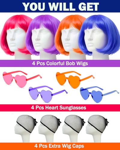 Image of Colorful Bob Wigs with Heart Sunglasses, Neon Colored Funny Wigs for Party