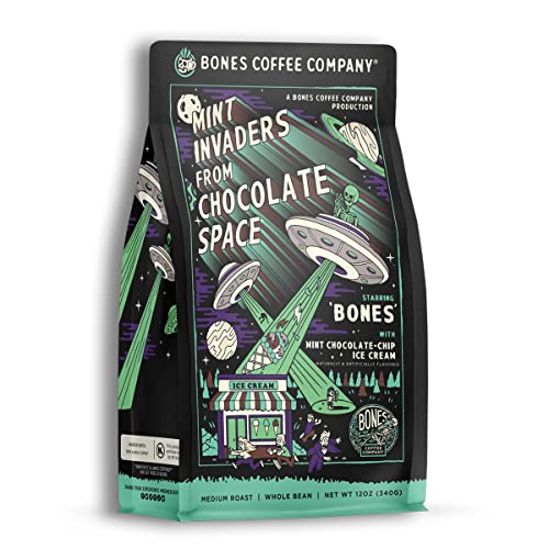 Bones Coffee Company Mint Invaders Ground Coffee Beans Mint Chocolate Chip Flavor | 12 Oz Flavored Coffee Gifts | Low Acid Medium Roast Coffee Beverages (Ground) #TOP2