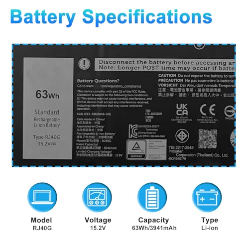 Image of 63Wh RJ40G Laptop Battery Replacement for Dell Latitude 14 5420 15 5520 / Precision 15 3560 Type P137G P137G001 P104F P104F001 P104F002 Series WY9DX M033W 01K2CF 075X16 0WK3F1 0M3KCN 005R42