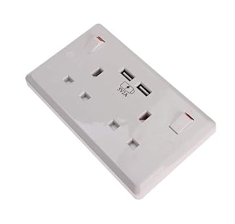 2 Gang UK Electrical Plug Socket Wall Faceplate with 2 USB Charging Ports + Back Box 25MM White