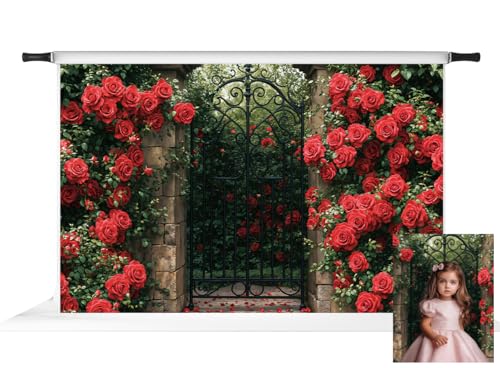 Kate Valentine's Day Gate Backdrop Valentine Red Roses Garden Background Enchanted Romantic Floral Archway Photo Background Studio Props,10x6.5ft