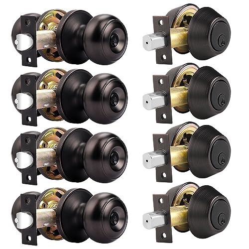 Probrico Oil Rubbed Bronze Door Knob and Deadbolt Set, Exterior Door Keyed Entry Lockset with Double Cylinder Deadbolt, 4 Pack All Keyed Alike Combo Door Handleset with Lock and Keys