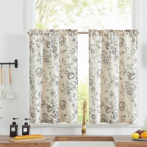jinchan Floral Linen Tier Curtains 36 Inch Farmhouse Botanic Cafe Drapes for Small Windows Rustic Half Window Curtains for Kitchen Living Room Bathroo