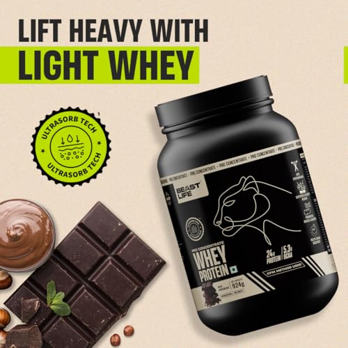 Image of BEASTLIFE Whey Protein Concentrate Powder 2 LBS | Rich Chocolate with Free Shaker | 24g Protein, 5.3g BCAA | Ultrasorb Tech for Fast Absorption & Muscle Recovery | Sports Nutrition for Men & Women