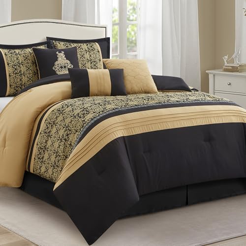LANCO MODERN LIFESTYLE Black Gold Queen Comforter Set Damask Jacquard with Matching Solid Piece Work 7 Piece Soft Bedding Set for All Season Bed Skirt Pillow Shams and Decorative Pillows