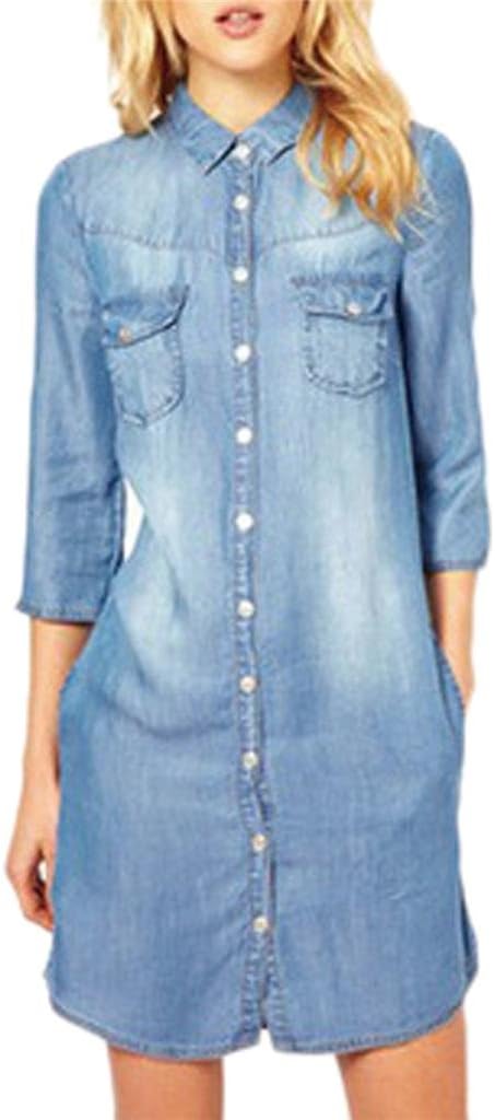LIREROJEWomen's Denim Polo Neck 3/4 Sleeve Long Shirt Dress