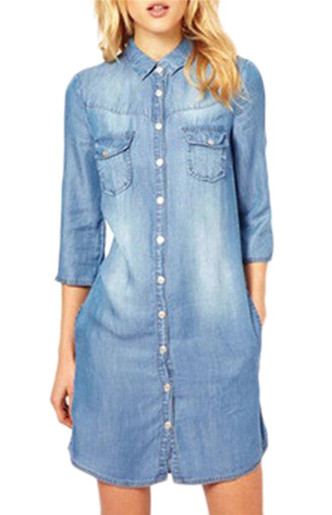 LIREROJEWomen's Denim Polo Neck 3/4 Sleeve Long Shirt Dress
