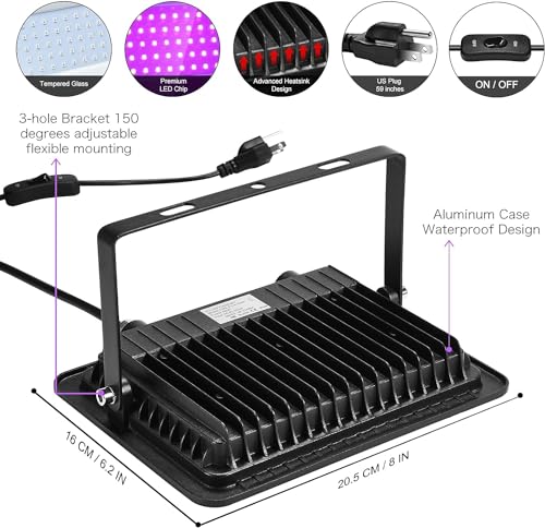 Image of XYCN 3 Pack 100W LED Black Light, Blacklight Flood Light with Plug and Switch, IP66 Waterproof Neon Glow for Party, Halloween, Fluorescent Poster, Body Paint, Aquarium