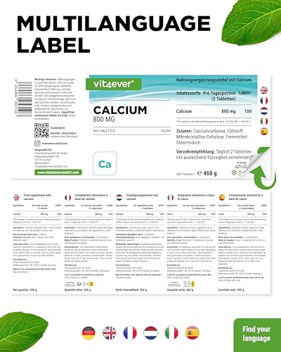 vit4ever Calcium - 400 Tabletten mit 800 mg Calcium aus Calciumcarbonat pro Tagesportion - Reicht für 6,6 Monate - Vegan, hochdosiert und ohne unnötige Zusätze