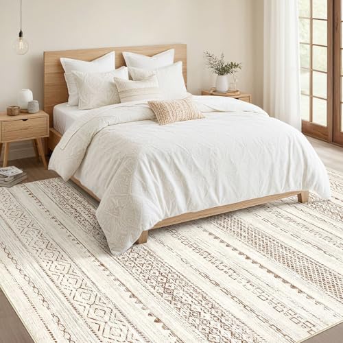 Nakagishi 9x12 Area Rug Living Room: Washable Boho Large Neutral Modern Soft Farmhouse Rugs Stain Resistant Indoor Floor Non-Slip Carpet for Bedroom Nursery Kids Playroom Office Dining Room- Brown
