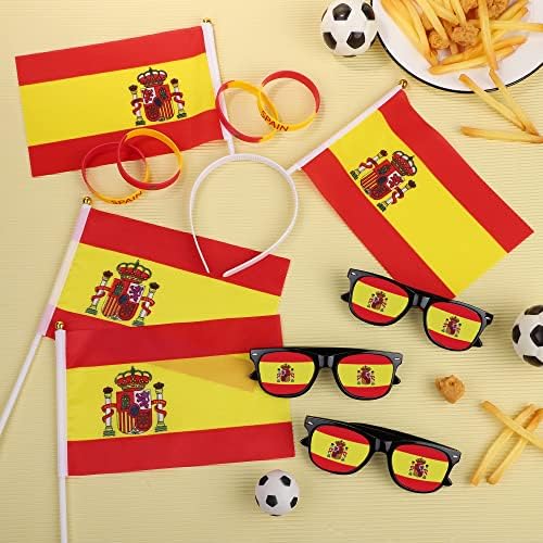 Hiwooii 16 Pack Spain Football Fans Fancy Dress Set Include Spain Headband Sunglasses Silicone Bracelets and Hand Wave Flags for World Cup European Championship Party Favor