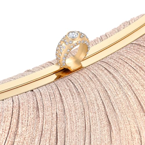 Image of Womens Golden Glitter Clutch Purse Pleated Evening Bag for Bridal Wedding Party with Rhinestone Ring