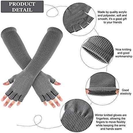 2 Pairs Winter Fingerless Gloves Long Thermal Knitted Mittens Stretchy Knit Arm Warmers Half Finger Gloves for Men Women, 11 Inch