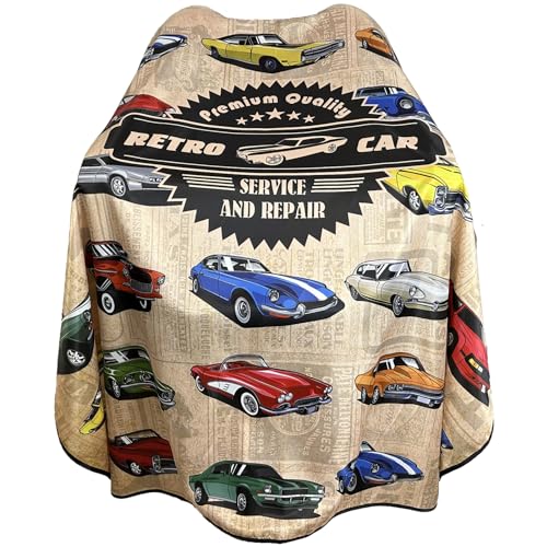 Barber Cape for Men Professional Hair Cutting Salon Cape with Snaps Waterproof Hairdressing Styling Cape Gown Apron- 63”× 56”(Vintage Cars)
