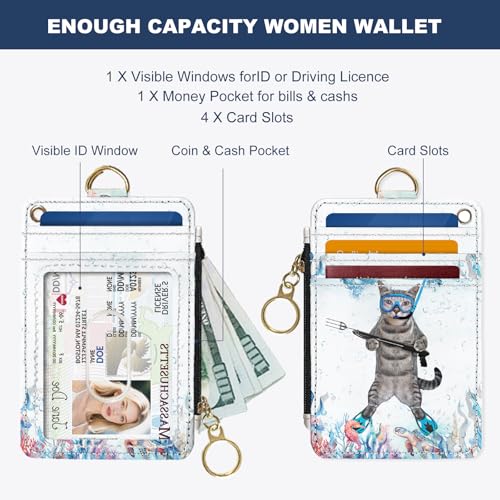 Image of Slim Wallet Credit Card Holder, Cat in the water, RFID Wallet Women Cute Small Front Pocket Wallet With Zipper, PU Leather Thin travel RFID Blocking Card Case ID Window,Ladies Gift