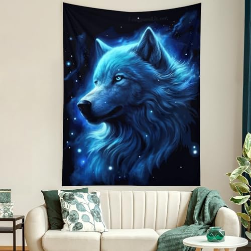 Buyidec Wolf Blue Galaxy Tapestry Wall Hanging Art Deco Tapestries