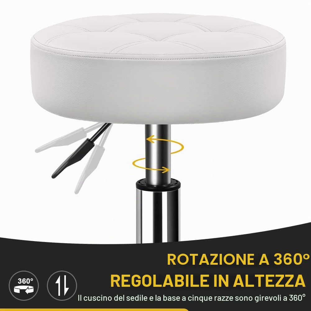 WKWKER Sgabello da ufficio spesso 11 cm su ruote Sgabello girevole regolabile in pelle PU sgabello sedia per sgabello da cucina salone ufficio sgabello da massaggio bianco