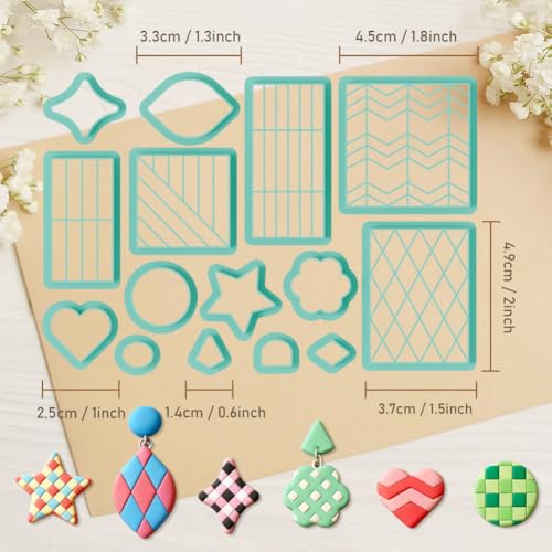 Image of ORIGACH 15 Pcs Rectangular Grid Theme Polymer Clay Cutters Set Heart Star Circle Earring Clay Cutter DIY Craft Supplies Clay Sculpting Tools for Earring and Jewelry Making