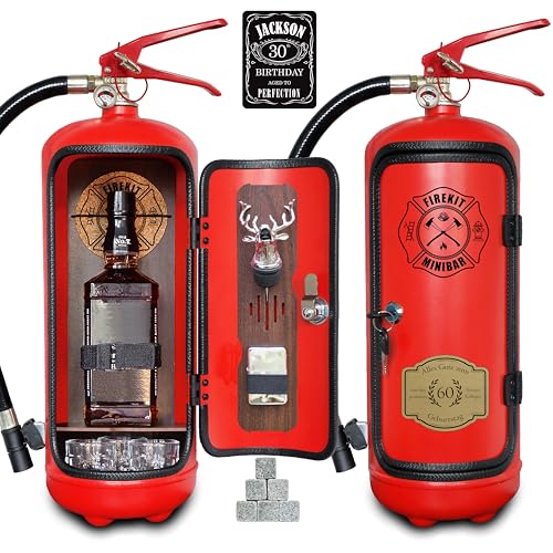 Feuerlöscher Minibar FEUERWEHRLER mit 7-teiligem Zubehör-Set inkl. 3 Schnapsgläser Whiskysteine Schnapsausgießer Feuerzeug und Korkuntersetzer