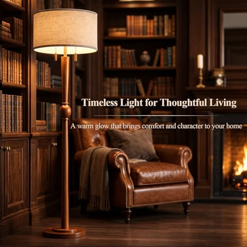 Image of MOFFE Solid Wood Floor Lamp for Living Room with Wooden Pull Chains