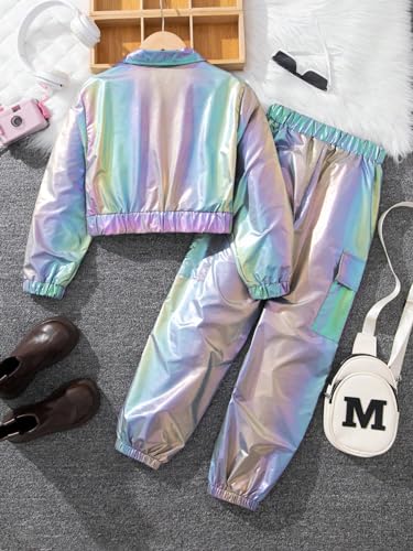 Image of WDIRARA Girl's 2 Piece Holographic Outfit Flap Pocket Zip Up Jacket and Elastic Waist Pants Set
