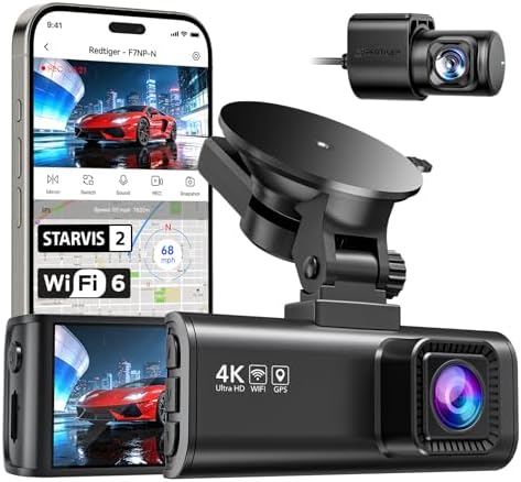 REDTIGER Dash Cam 4K Front and 1080P Rear, STARVIS 2 Sensor, 5.8GHz WiFi (20MB/s), GPS, WDR & HDR Night Vision, 170°Wide Angle, Parking Mode, Loop Recording with Emergency Lock(SD Card Not Included)