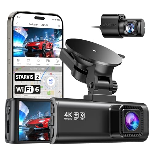 REDTIGER Dash Cam 4K Front and 1080P Rear, STARVIS 2 Sensor, 5GHz WiFi (20MB/s), GPS, WDR & HDR Night Vision, 170°Wide Angle, 24H Parking Mode, Loop Recording with Emergency Lock(SD Card Not