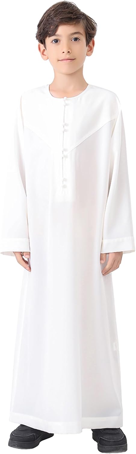 IWEMEK Kids Muslim Thobe for Boys Islamic Arabic Kaftan Robe Middle East Dubai Prayer Dress Eid Ramadan Clothes with Pockets