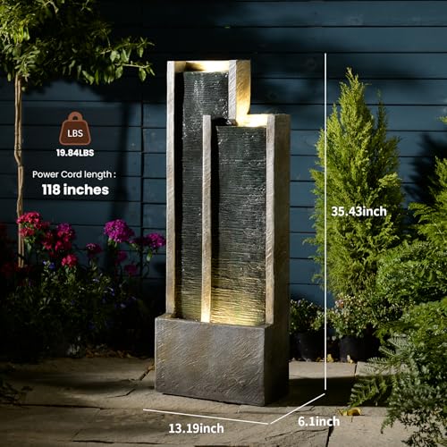 Image of 35 inch Modern Double Column Waterfall Fountain Outdoor Garden