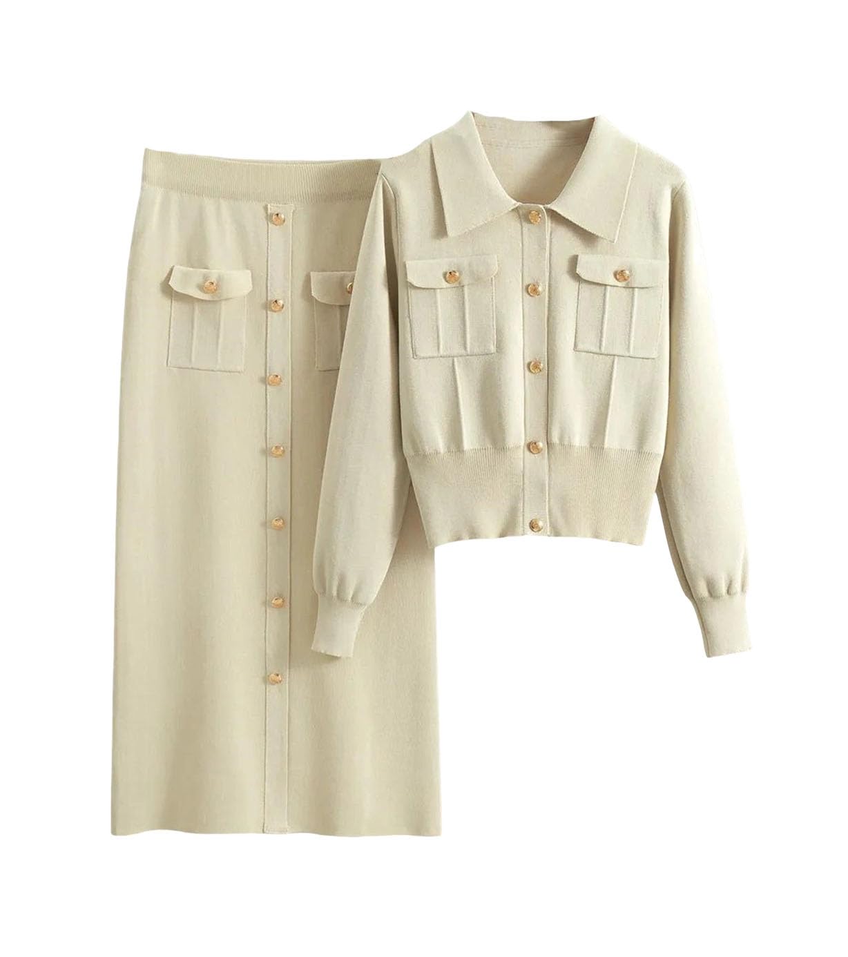 Womens Knit Cardigan Skirt Set Long Sleeve Slim Fit Outfit with Button Detail Two Piece Spring Ensemble