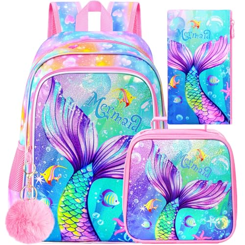 Image of 16 inch Mermaid Backpack for Girls, 3Pcs Kids Fish Tail Backpacks with Lunch Box, School Bookbag for Elementary Preschool Kindergarten(Pink)