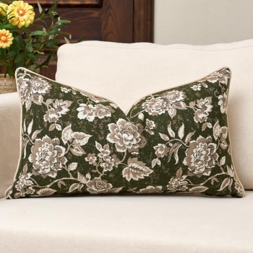 14x24 Pillow Cover Green Vintage Floral Soft Decorative Lumbar Pillow Cover