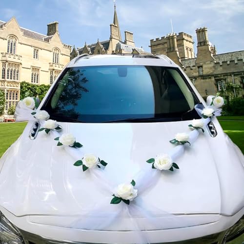 Décoration Voiture Mariage Blanc, Kit de Voiture avec 11 Roses, 2 Rubans en Organza Ventouses, Décoration Capot Voiture Mariée pour Cérémonie Fête