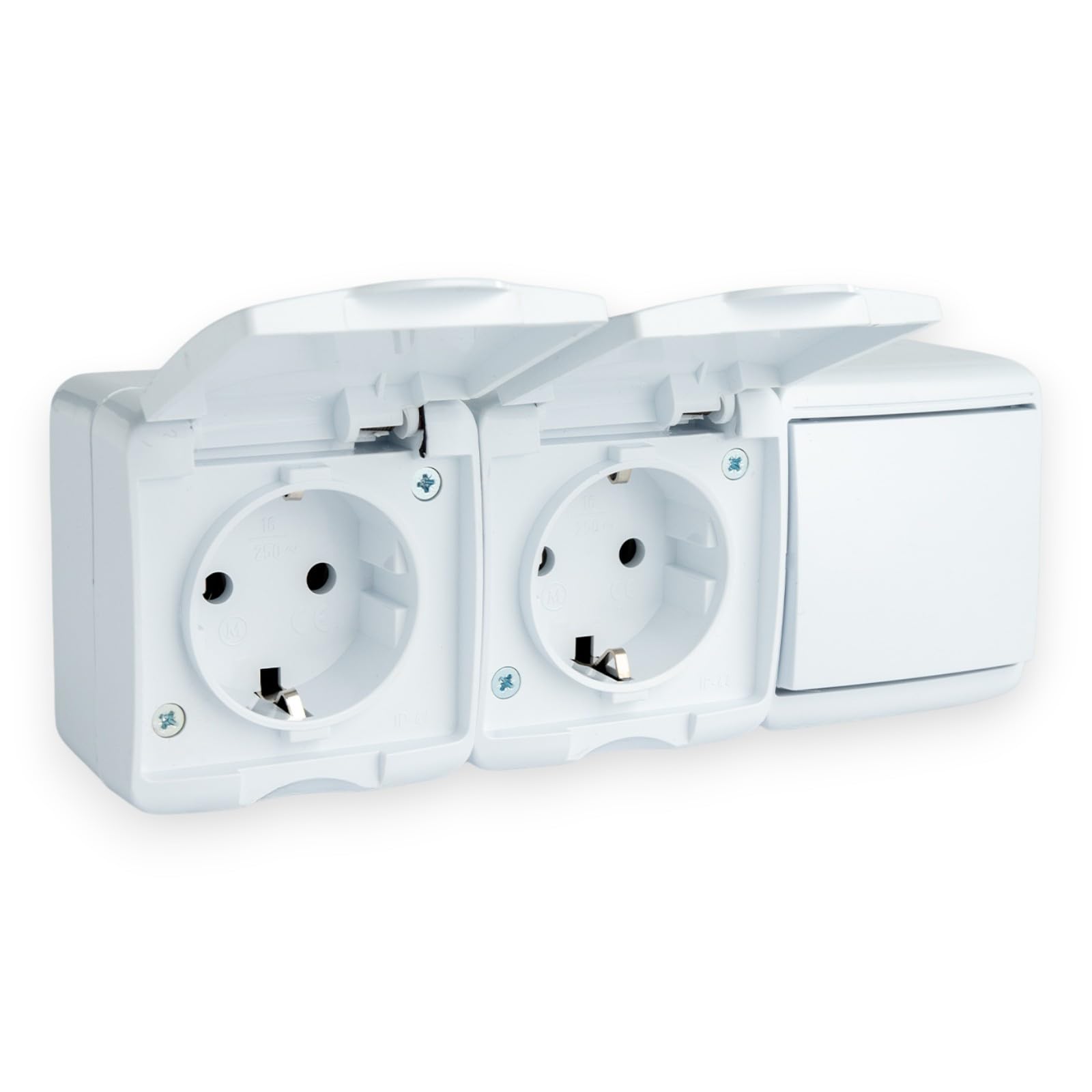 Enchufe de 2 enchufes con tapa abatible e interruptor de luz, IP44, 230 V, 16 A, interruptor basculante horizontal, a prueba de polvo, para ambientes húmedos, color blanco
