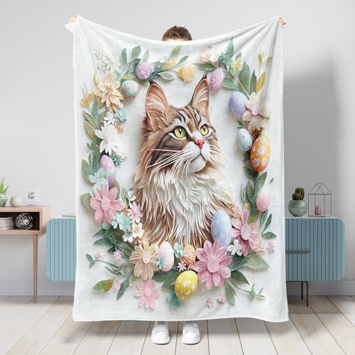 Manta de primavera y Pascua con diseño de gatos Maine Coons de 40 x 50 pulgadas, novedosa manta de franela cálida y esponjosa para dormitorio, camping, sofá de mascotas