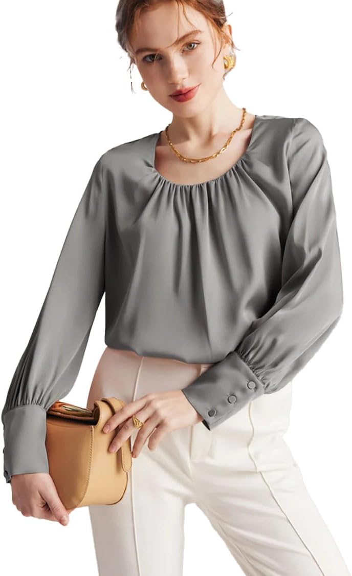DAISYSILK 19 Momme Silk Blouse – Pleated Round Neck Puff Sleeve Top for Women, Elegant Double Crepe Silk Shirt