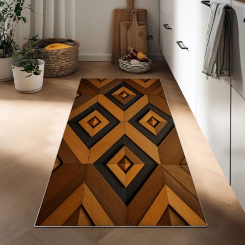 Tappeto Corridoio Lungo Motivo Quadrato Rombo Geometrico 60 x 120 cm Tappeti Stretto, Marrone Cucina Antiscivolo Lavabile in Lavatrice Tapette Camera da Letto Cameretta Ufficio Pelo Corto Lungo Carpet