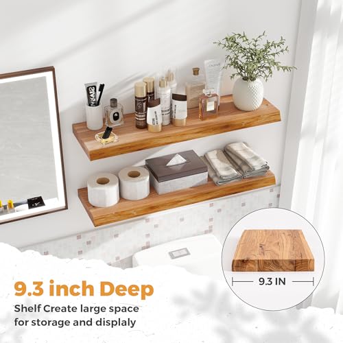 Image of RICHFOCUS Live Edge Elm Floating Shelves - 20 inch W x 9.3 inch D Rustic Solid Wood Wall Shelves with Invisible Bracket, Wall-Mounted for Living Room, Bedroom, Kitchen Storage & Display, Set of 2, Natural
